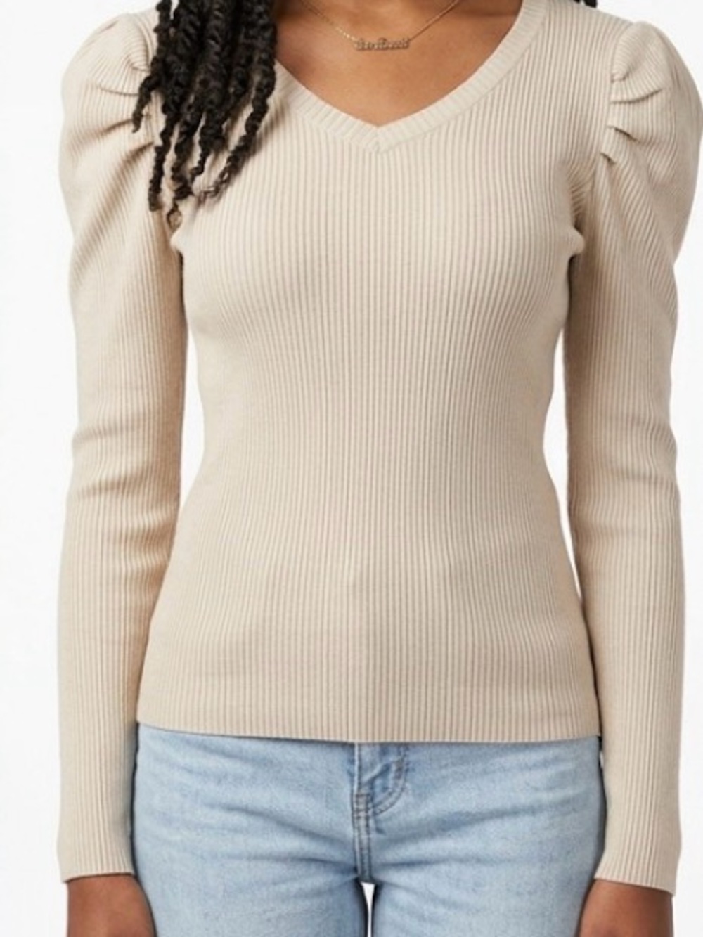 Almost Famous Beige Ribbed Puff-Sleeve Long Sleeve Top